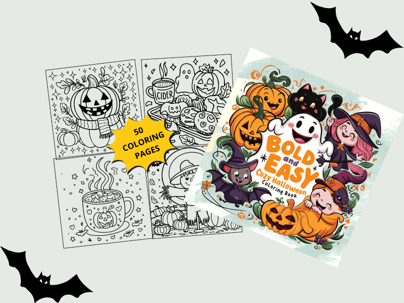 Spooky Cutie: A Cozy Halloween Coloring Adventure, A Collection of Bold and Easy, Whimsical Halloween Designs Featuring Adorable Characters and Simple, Relaxing Coloring Pages for a Fun, Fright-Free Halloween.