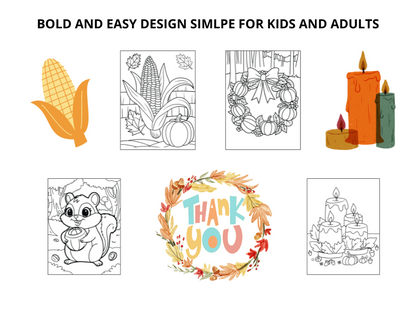 Cute Thanksgiving Coloring Book: Bold And Easy Design Simlpe For Kids And Adults, pumpkin pies and harvest scenes, cozy autumn moments, and Thanksgiving meals.